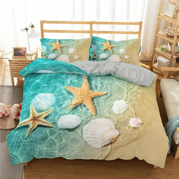 Beach StarDuvet Cover Set Blue Cute Ocean Creatures Bedding Set Sea Shells StarPrint Tropical Comfo
