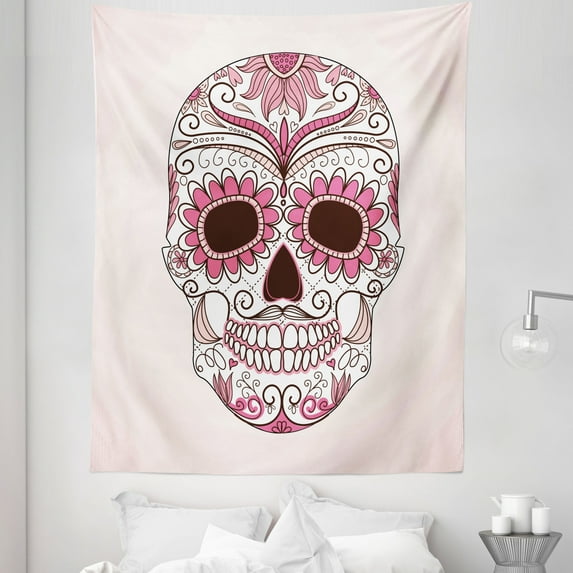 Sugar Skull Tapestry, Mexican Ornaments Calavera Catrina Inspired Folkloric Art Macabre, Fabric Wall Hanging Decor for Bedroom Living Room Dorm, 5 Sizes, Pink Pale Pink White, by Ambesonne