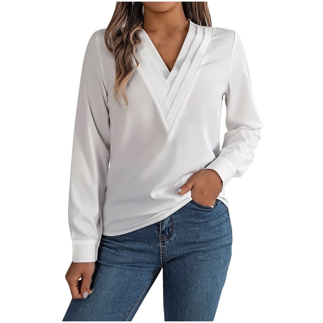 Timegard Formal Tops for Women V-Neck Long Sleeve Button Solid Color Tee Business Casual Loose Tops