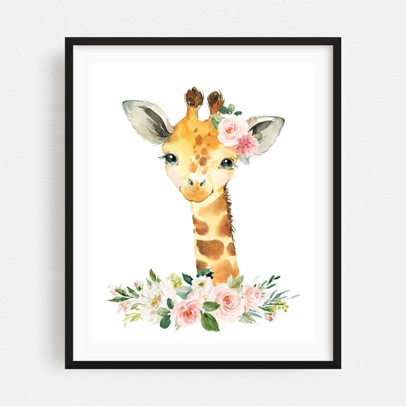 Giraffe, Jungle Animals, Safari Animals, Pink Flowers, Girl Nursery - Illustration Watercolor Floral Animal Whimsical Black Framed Wall Art Print 16 x 20 inches