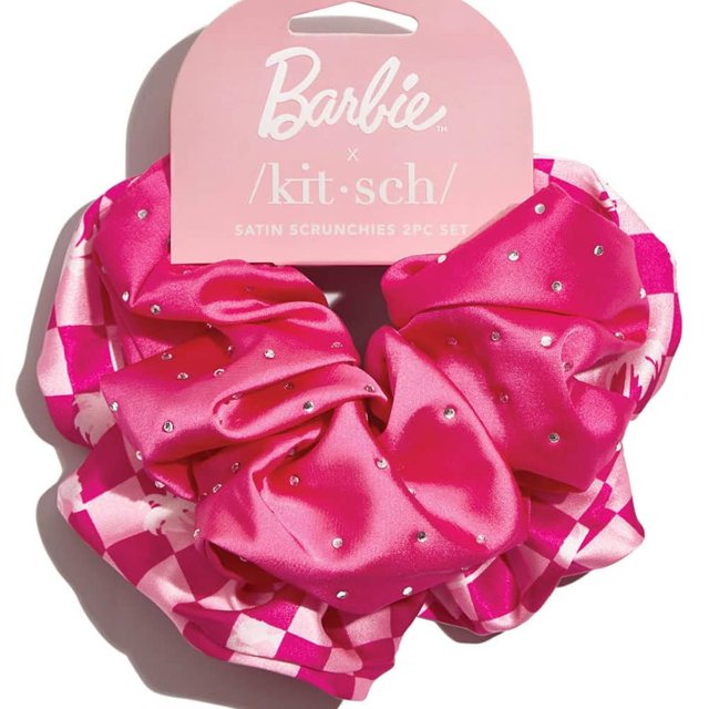 Barbie x Kitsch Satin Brunch Scrunchies - Softer Than Silk Hair Ties for Women & Girls | Stylish 2pc Set (Barbie Pink)