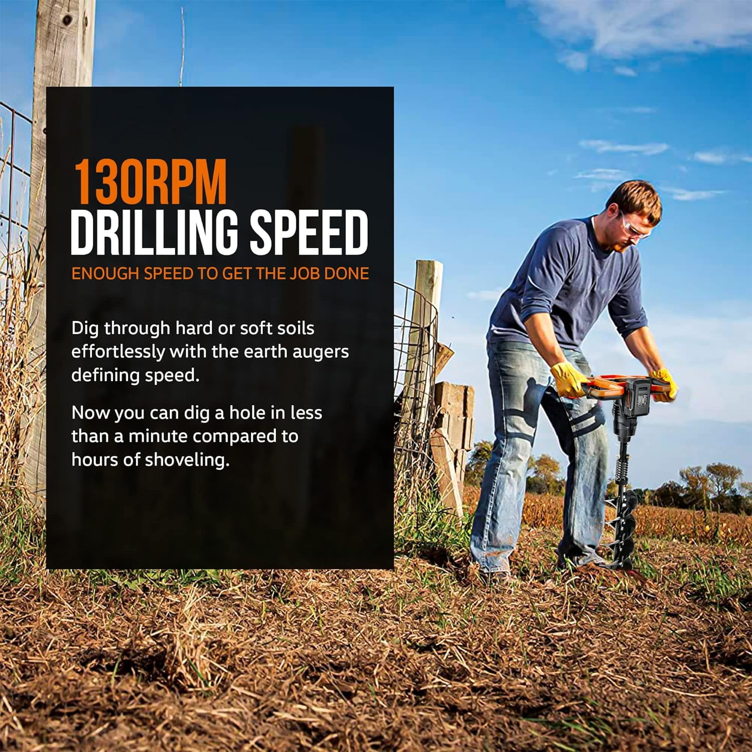 SuperHandy Electric Earth Auger and Drill Bit (Upgraded Design) - 48V 2Ah Battery System, 6" x 30" Drill Bit, 3/4" Shaft