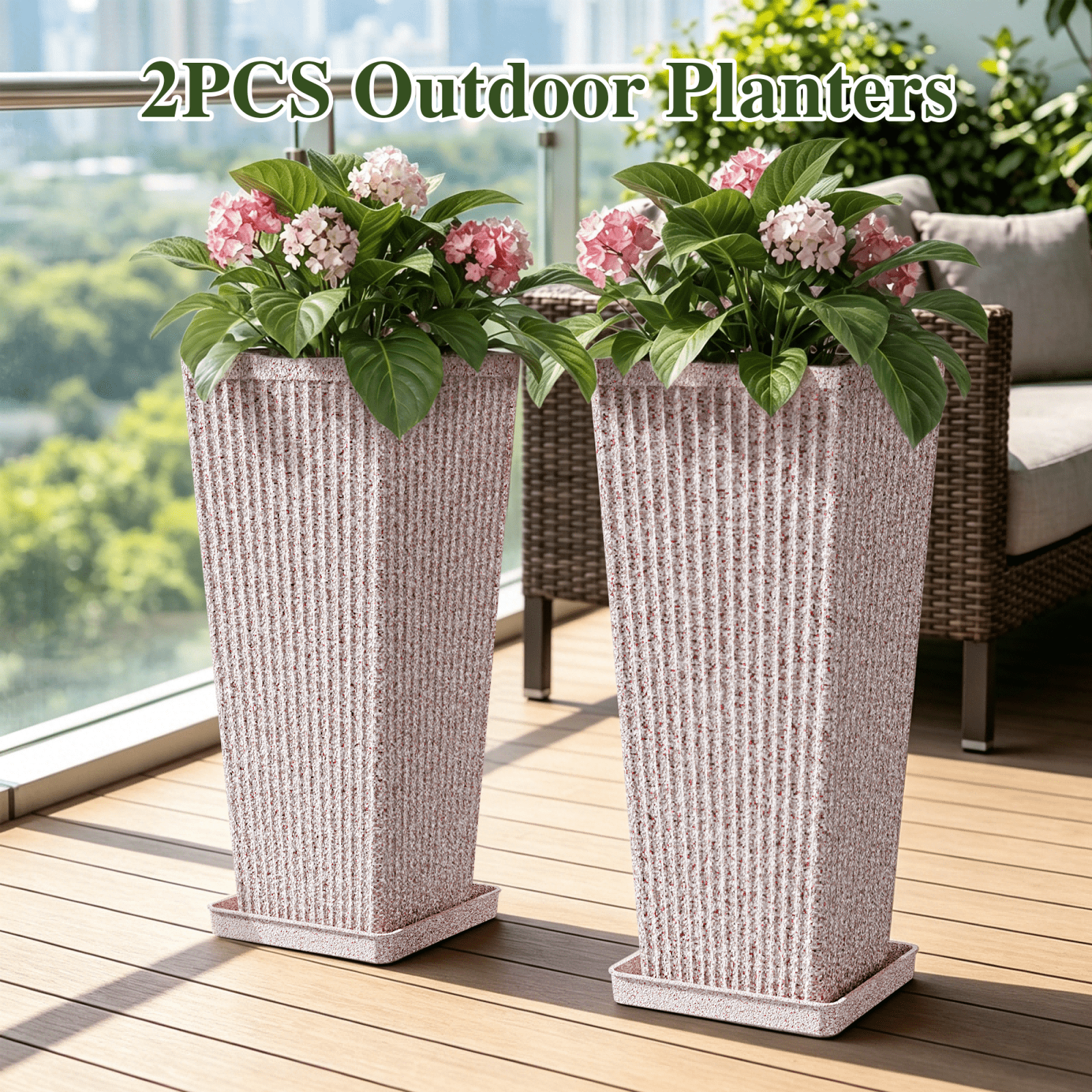 TOPCOMFY Tall Planters for Outdoor Plants Set of 2, 23.6" Modern Tapered Indoor Flower Pots with Drainage Holes/Partition/Tray for Porch Patio Garden, Brown