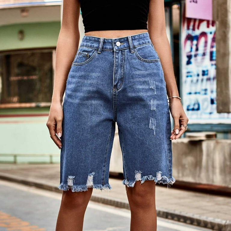 Gaecuw Jean Shorts Plus Size Women Scrunch Jean Shorts Button Up Zipper Denim Shorts Ripped Fringe Baggy Lounge Denim Summer Short Length Pant with Pockets Solid Pants -