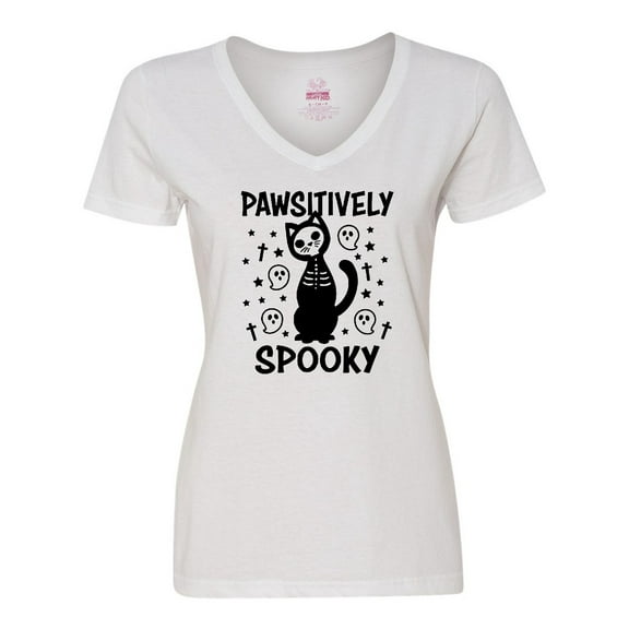 Inktastic Pawsitively Spooky Skeleton Cat with Ghosts and Crosses Women's V-Neck T-Shirt