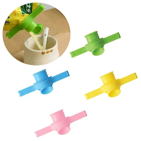 

4x Food/Pet Food Bag Sealing Clip Bag Storage Clips with Pour Spouts Plastic Cap (one color each)