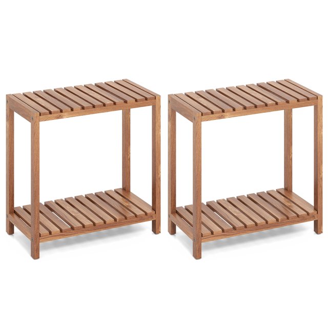 Gymax 2PCS 2-Tier Side Table Teak Wood Stand Utility Storage Shelf Entryway Bench
