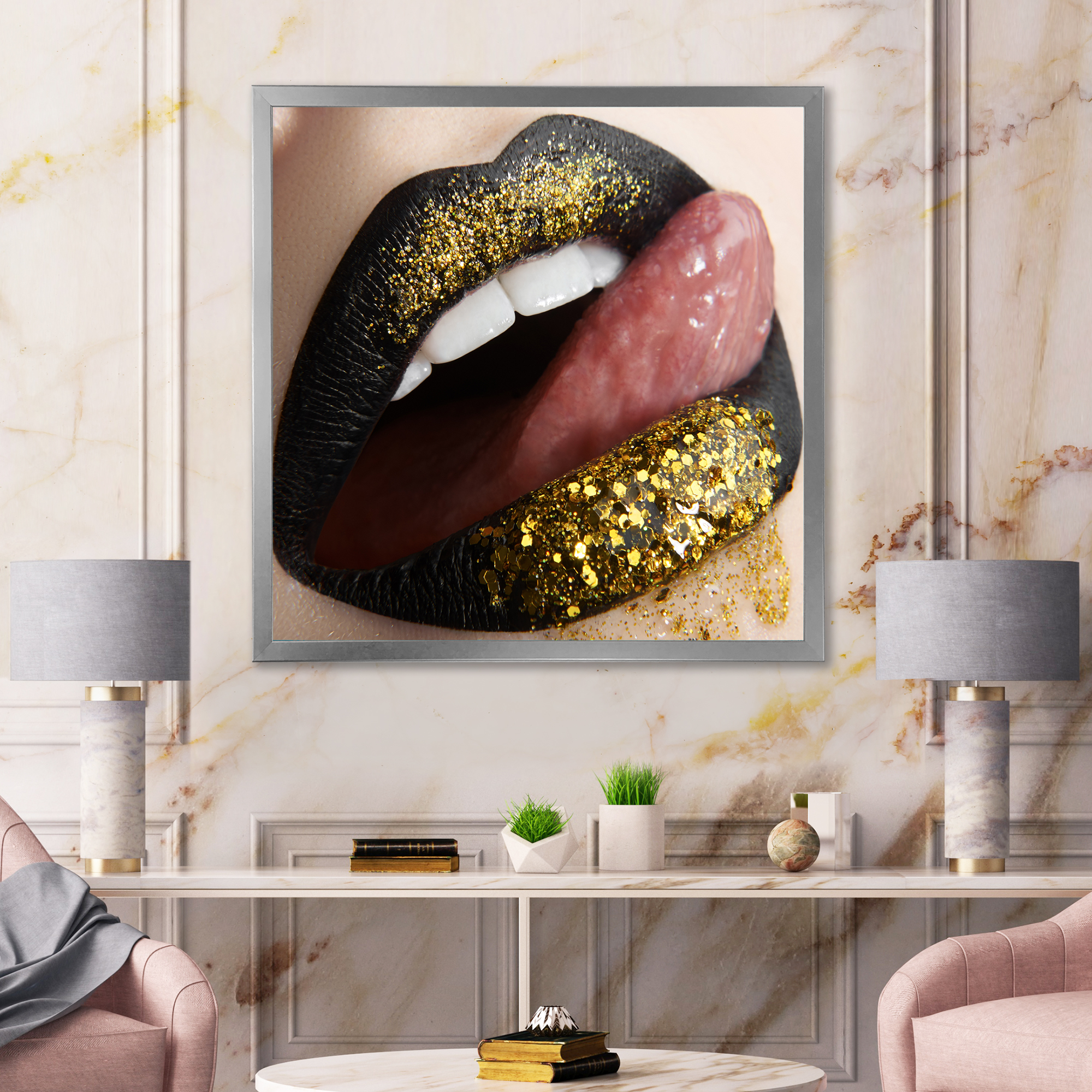 Designart 'Woman Lips Black Lipstick and Gold Sequins' Modern Framed Art Print