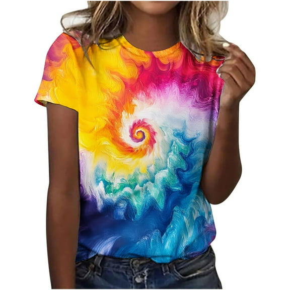 Womens Gradient Tie Dye Hippie Shirt Crewneck Shirt 3/4 Short Sleeve Tshirts Tees Loose Fit Summer Tunic Tops