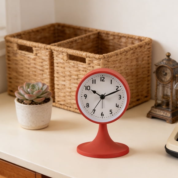 Minimalist Analog Desk Clock with Pedestal Base, Silent Quartz Metal Round Table Clock for Bedroom Living Room Office, 12.5 x 8 x 8 cm, 1 Count, Black/White/Red/Green