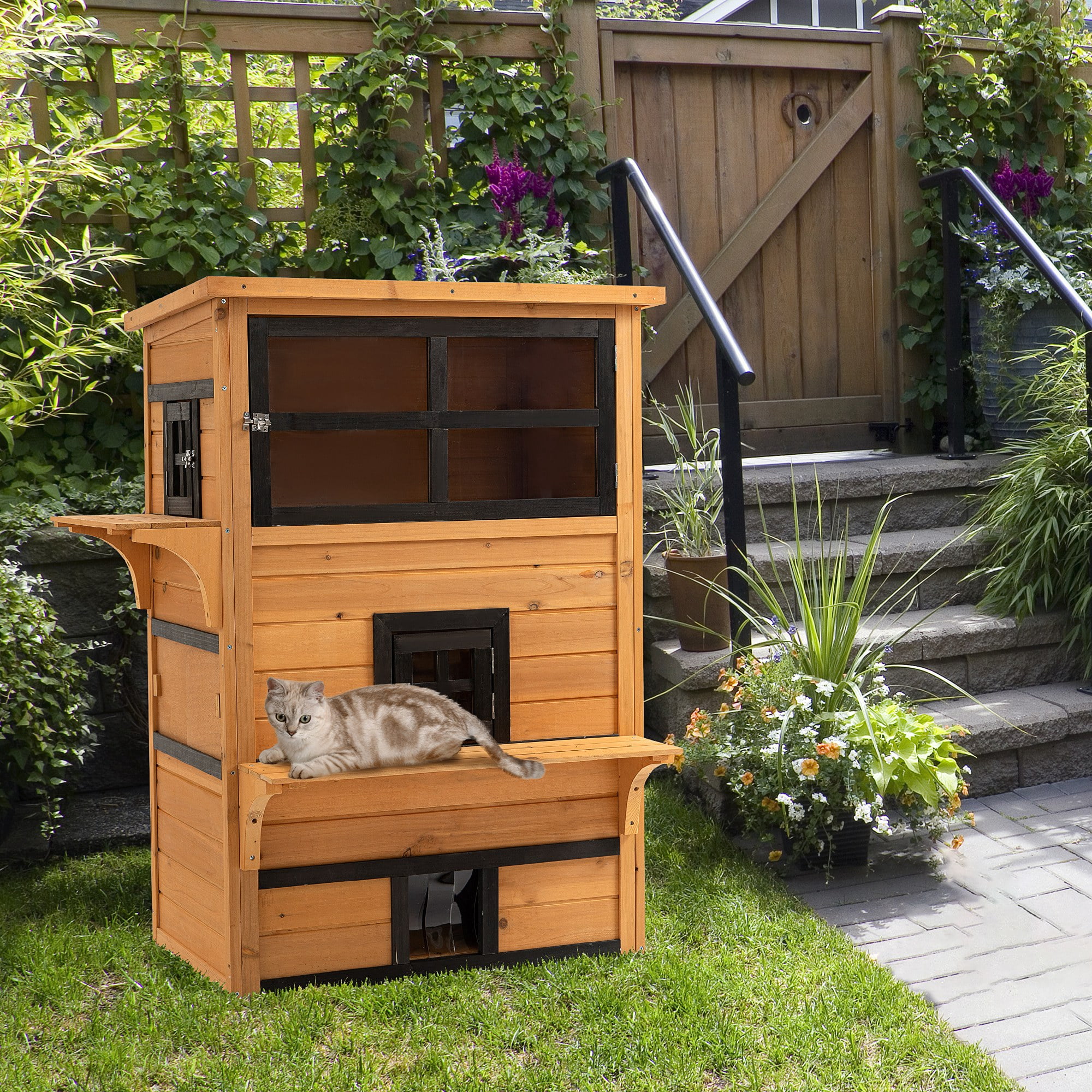 3-Story Cat House Feral Cat Shelter, Outdoor Kitten Condo with Raised Floor, Asphalt Roof, Escape Doors, Jumping Platforms, Yellow