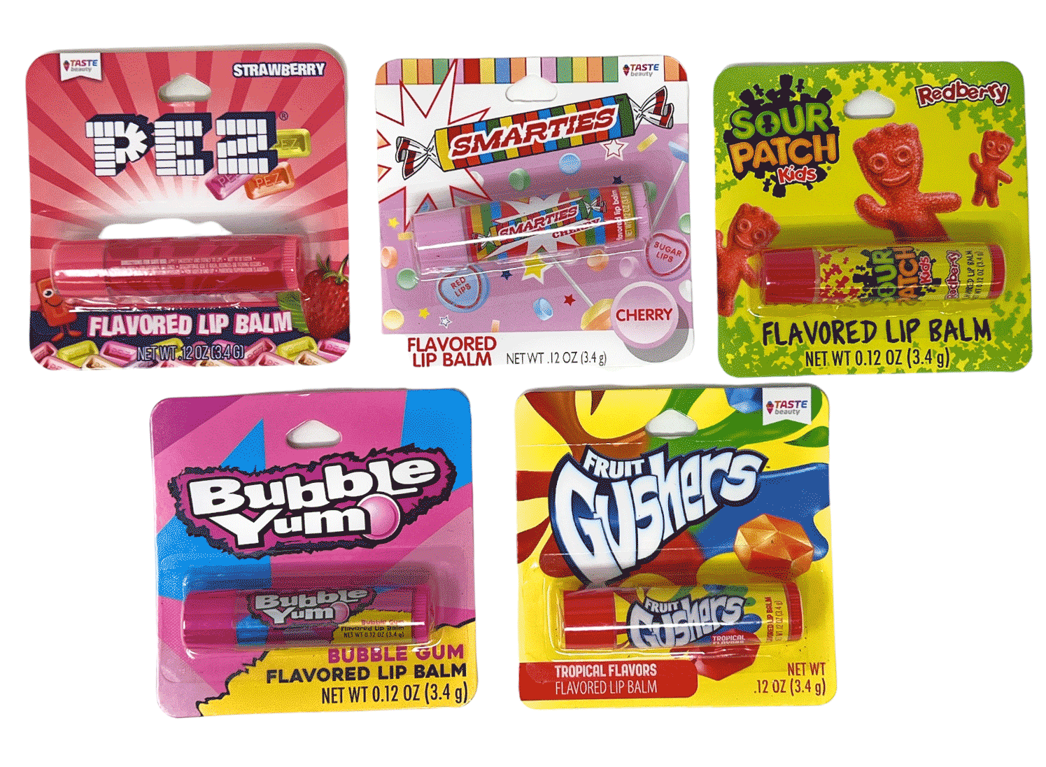 Candy Flavored Lip Balms 5 Pack Strawberry PEZ, Cherry Smarties