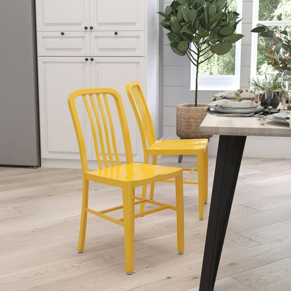 Merrick Lane 18 Inch Yellow Galvanized Steel Indoor/Outdoor Dining Chair with Slatted Back and Powder Coated Finish