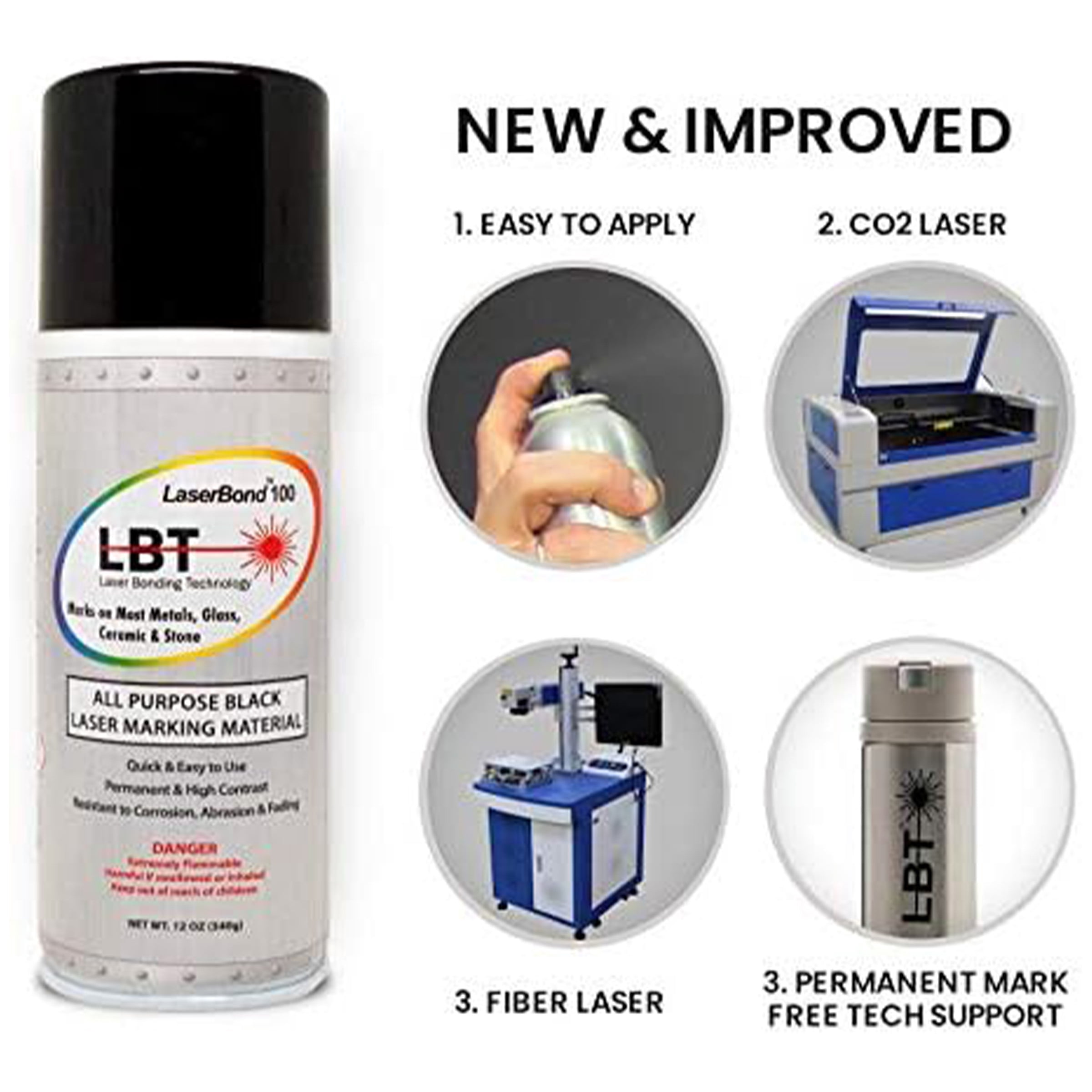LaserBond 100 Aerosol Black Laser Marking Spray 12 oz, Compatible with CO2 Fiber Diode and YAG Laser Engravers, Permanent Marks on Metal Glass Stone and Ceramic