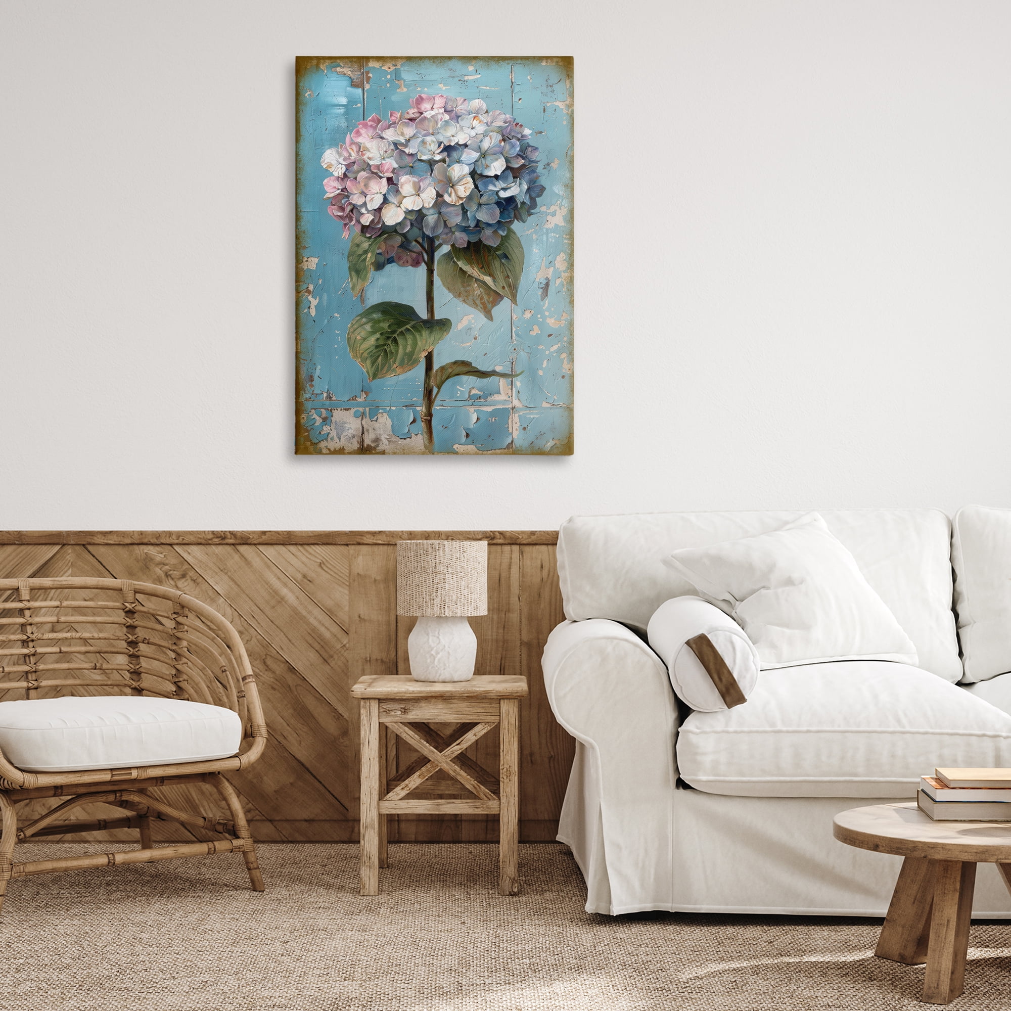 Stupell Industries Hydrangea on Distressed Plants & Flowers Painting Wrapped Canvas Art Print Wall Art, 24 x 36