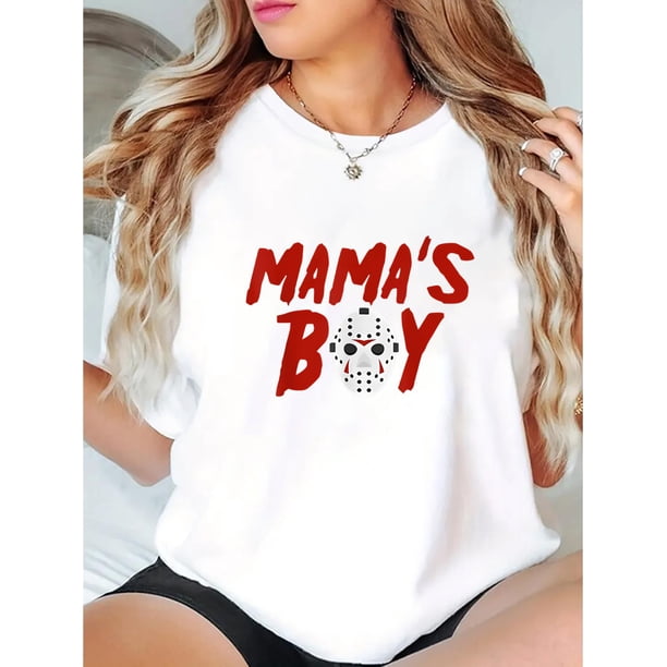 Camiseta informal de cuello redondo para mujer con estampado geométrico de máscara de Jason "Mama's Boy", mezcla de algodón y elastano, tejido de elasticidad media, camiseta de manga corta a la moda p