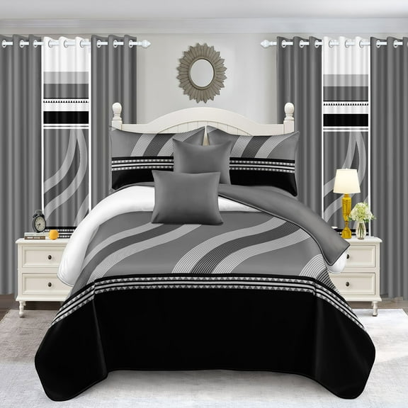 Black & Gray Modern Wave Bedding & Curtain Set, 9-Piece Quilted Comforter & Drapes with Nickel Grommets, Minimalist Bedroom Decor for Twin to Cal King(Twin)