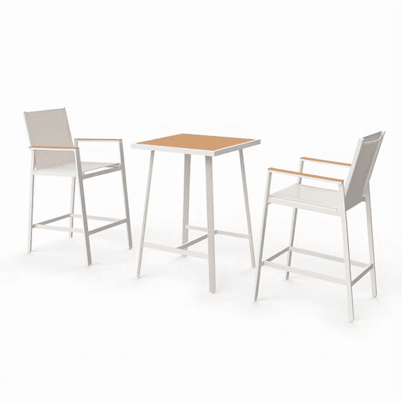 3-Piece Patio Bar Set, All-Weather Textilene Bar Height Table and Chairs, Wood-Look Top Table, Metal Counter Height Bar Stools and Table Set for Garden, Deck, Balcony