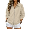 thumbnail image 2 of Full Zip Up Sweatshirt Women No Hood - Oversized Loose Casual Long Sleeve Collared Jacket 2026 Fall Winter Clothes Khaki S, 2 of 6