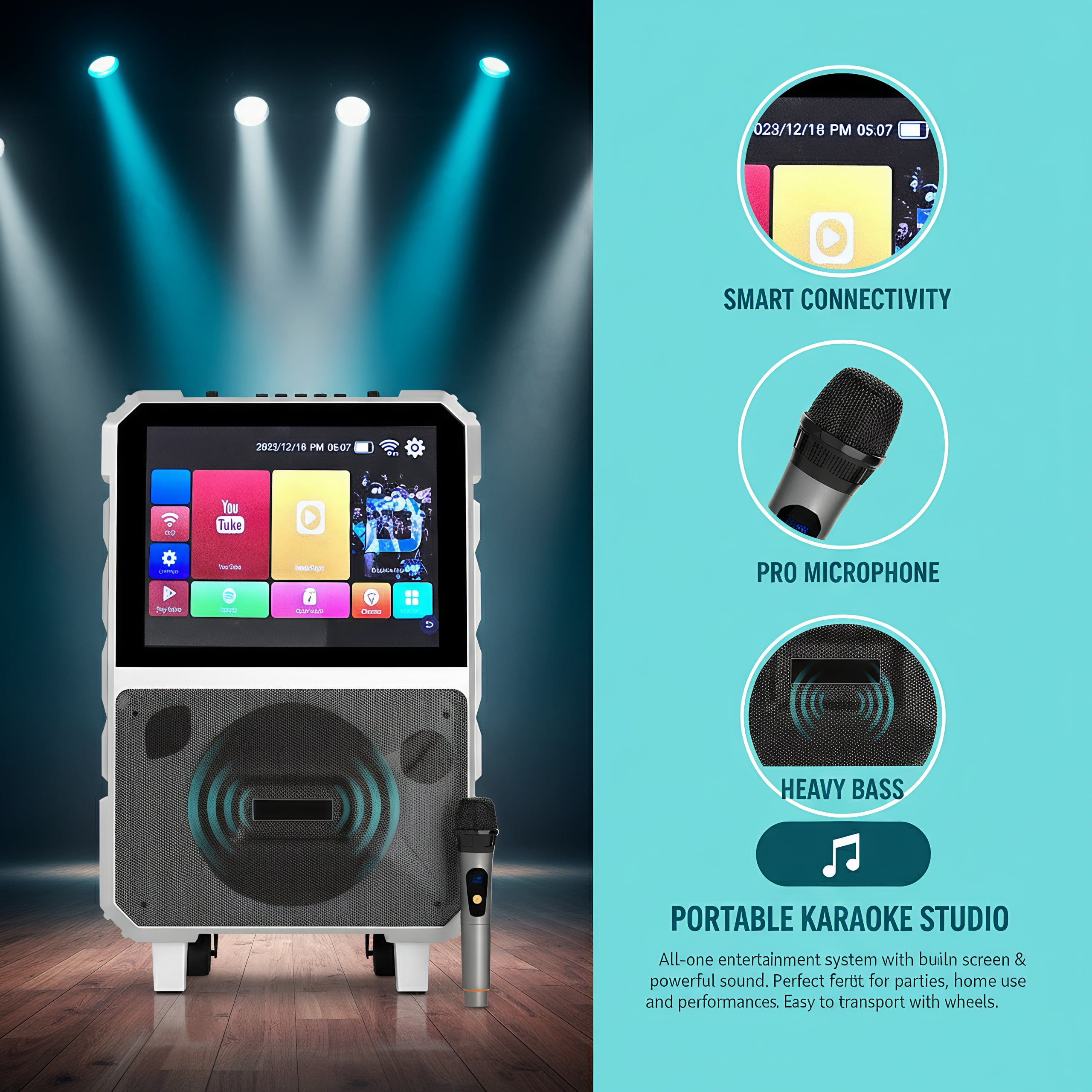 RIDWIND 8" Subwoofer Karaoke System with Lyrics Display, Built-in Tablet, Rechargeable Wireless Speaker with One Mics & DJ Lights, All-in-One Entertainment for Adults, Home & Party Use