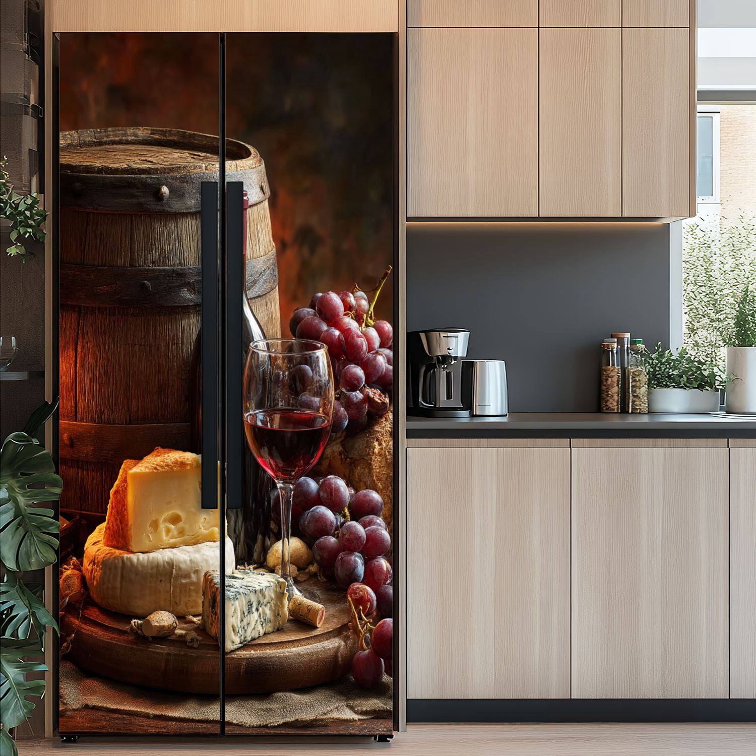 Self Adhesive Vinyl Refrigerator Wrap Set Red wine glass bottle composition cheese grape Door Mural Removable Fridge Sticker Peel and Stick&nbsp;Full Door Cover Decal Kitchen Bar Decor