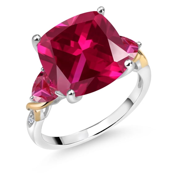 Gem Stone King 925 Silver and 10K Yellow Red Created Ruby and Diamond Ring for Women (8.87 Cttw, 12MM Cushion and 5mm Trillion, Size 6)