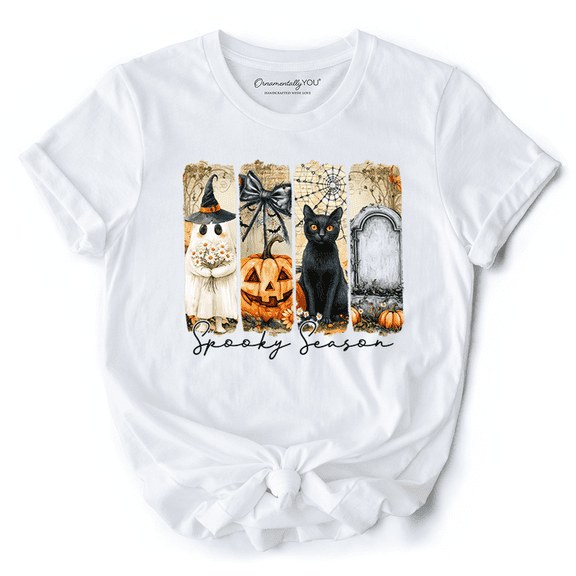 Fall Spooky Season Brushstroke T-Shirt, Coquette Vintage Ghost, Cat and Pumpkin Tee