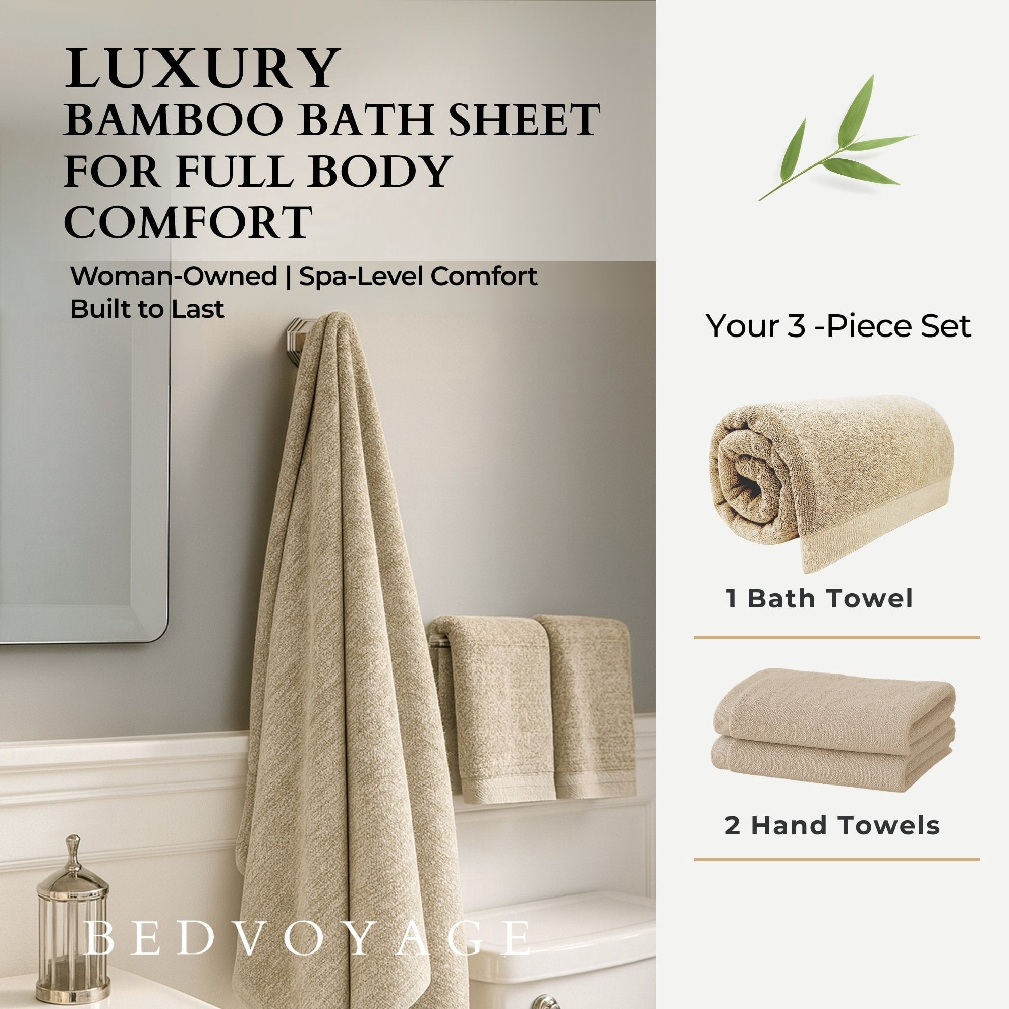 BedVoyage Bath Sheet & Hand Towel Set 3pc - Viscose from Bamboo + Cotton – 600 GSM - Absorbent & Odor Resistant - Sand