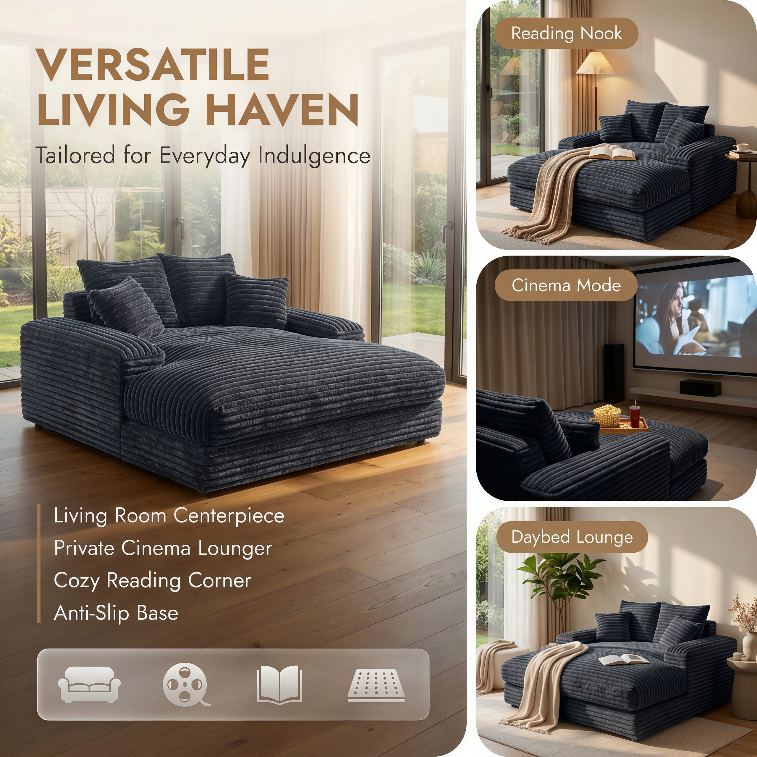 Modern Corduroy Oversized Chaise Lounge Chair, 66"Double Daybed Sofa Sleeper with 4 Pillows, No Assembly Cloud Couch for Living Room, Dark Gray