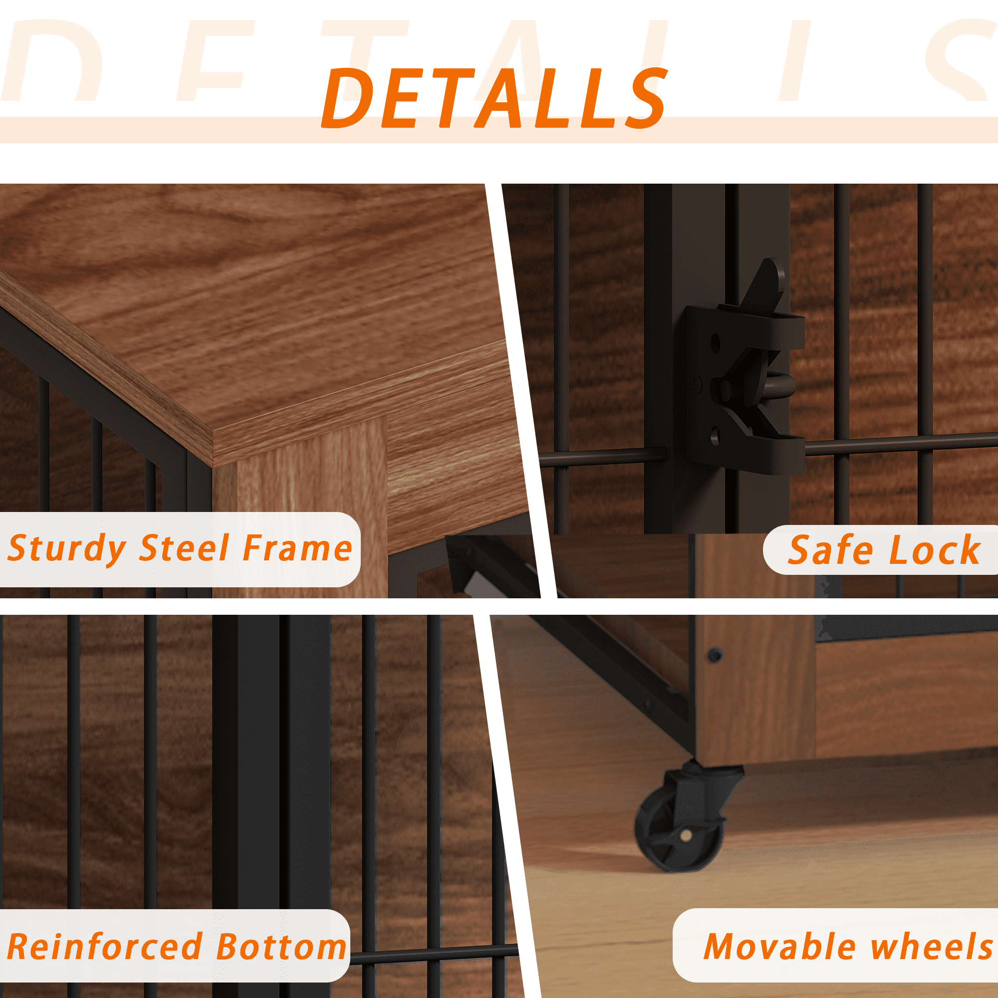32.5" Dog Crate Furniture with Wheels for Small Dogs, Heavy Duty Dog Kennel Indoor with 2 Doors, Wooden Pet Cage End Table, Double-Doors Sturdy Metal Dog Cage for Anxiety Dog