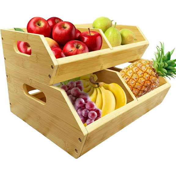 2-Pack Stackable Vegetable Storage Bins, Kitchen and Pantry Organizers and Storage Baskets, for Fruit, Vegetable, Produce, Bread, Potato Onion and Snacks, Bamboo Kitchen Storage Containers