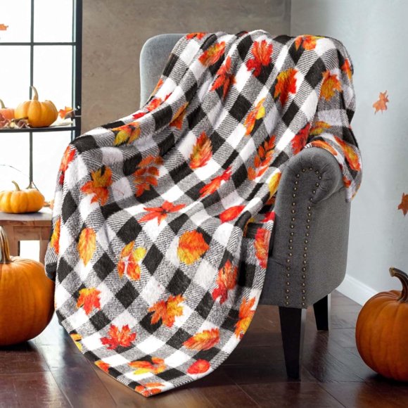 Couverture d'Automne en Flanelle à Carreaux Feuilles de Citrouille pour Canapé Lit Sofa, Couverture Douce Chaude d'Automne Décoration d'Automne Ambiance Confortable, 60"x50 Pouces
