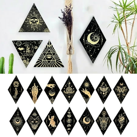 

Riguas Wall Ornament Sun Moon Pattern Bohemian Style Rustic with Hanging Holes Rhombic/Triangle Wall Pendant Household Supplies