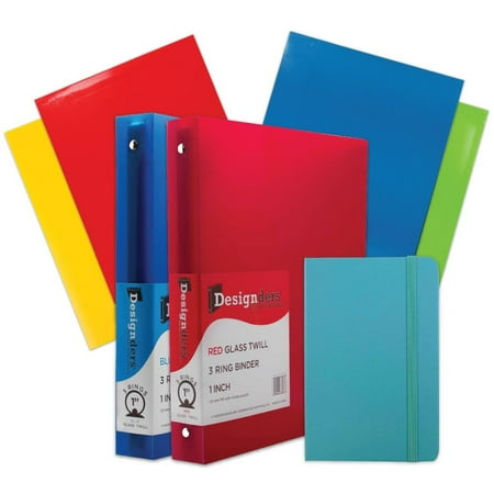Binder Assortment (JAM Paper Back To School Assortments, Blue, Glossy Folders (4), 1 inch Binders (2) & a Blue Journal (1), 7 Items)