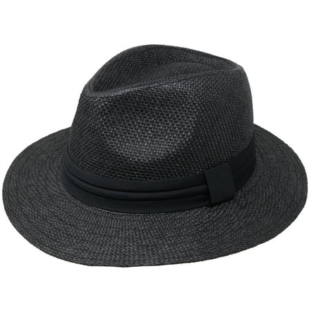 Retailery Unisex Wide Brim Woven Straw Panama Hat With Black Band, Black