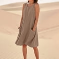 thumbnail image 3 of Vestido de verano para mujer hasta la rodilla, sin mangas, de color liso, con bolsillos, mezcla de lino, para llevar en la playa., 3 of 8