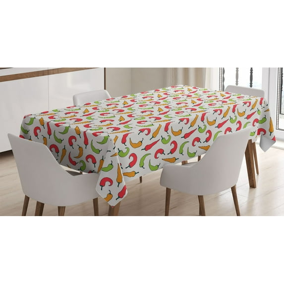 Peppers Tablecloth, Cartoon Style Vegetable Design Fresh Peppers Pattern Fresh Farmland Harvest Theme, Rectangle Satin Table Cover for Dining Room and Kitchen, 60" X 84", Multicolor, by Ambesonne