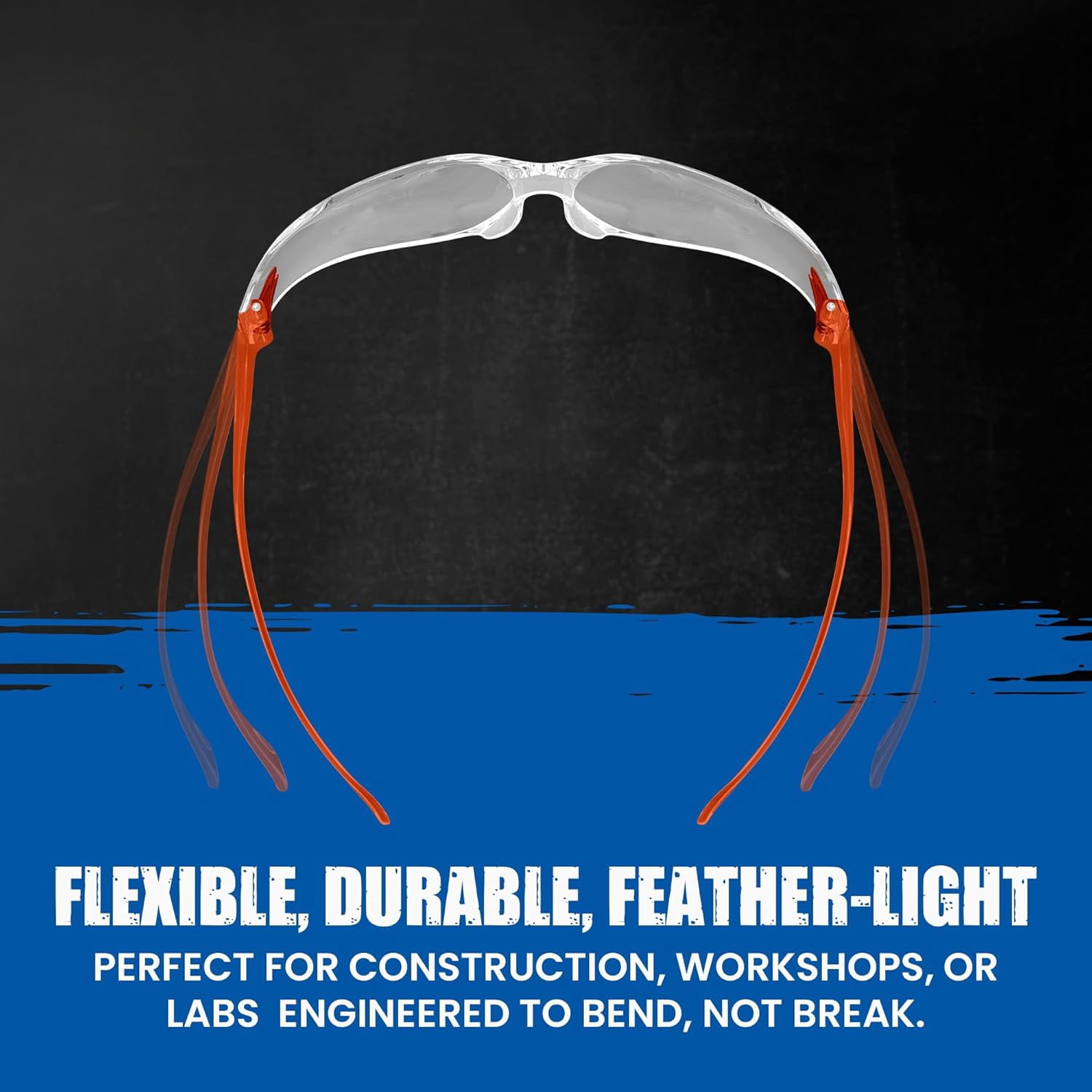 Rugged Blue Diablo Safety Glasses - Orange Frame -12 Pack | Clear Lens Protective Eyewear | Lightweight Frameless Design | Scratch-Resistant Lens for Work Construction Lab and Industrial Use