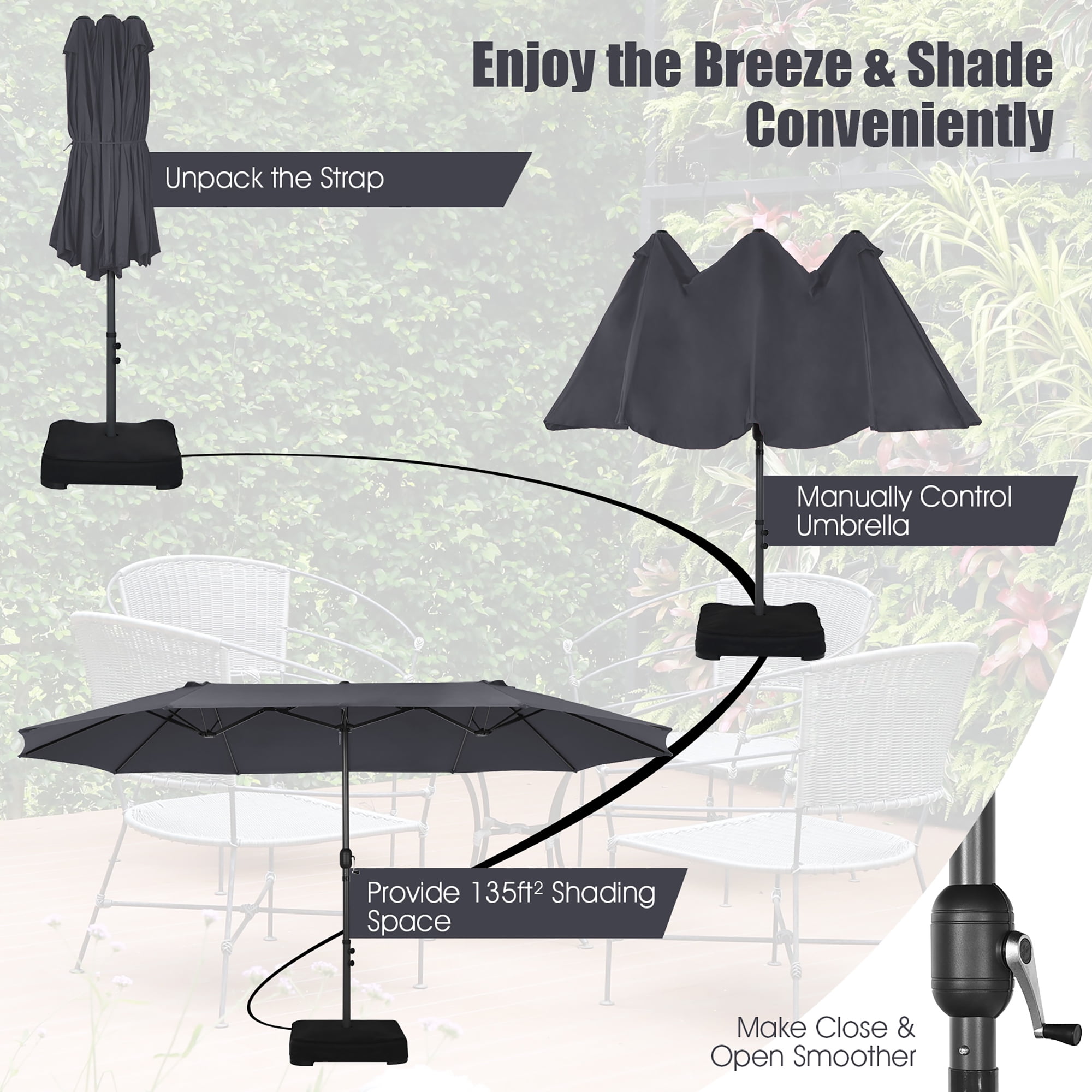 Costway 15FT Double-Sided Twin Patio Umbrella Sun Shade Outdoor Crank Market Base Grey