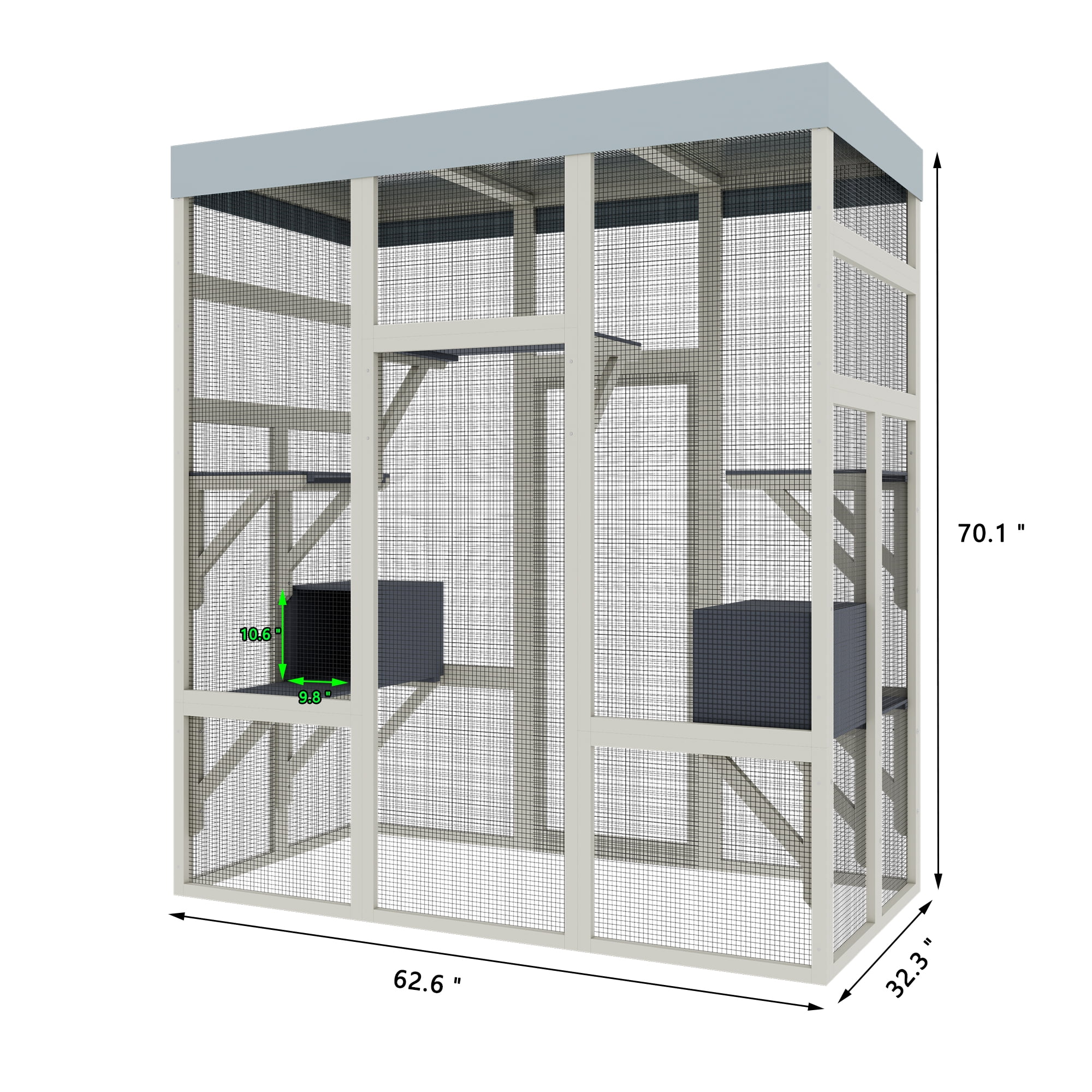 70" Catio Outdoor Cat Enclosure, Large Wood Cat House for Multiple Cats, Waterproof Top, Spacious and Secure Cat Shelter Enclosure with Platforms and Resting Box