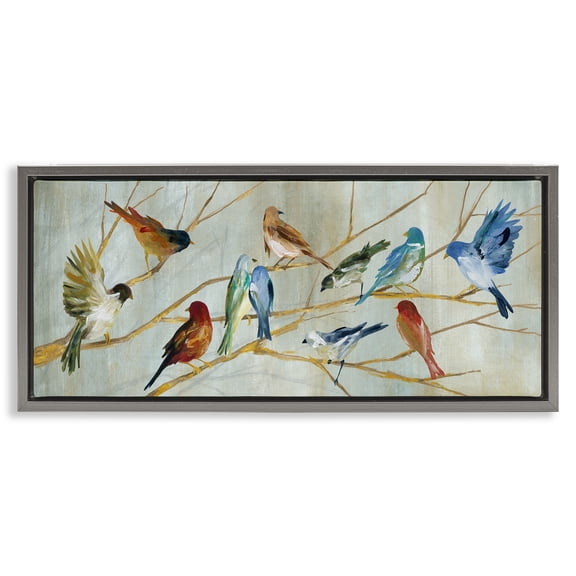 Stupell Industries Birds Resting Autumn Branches Animals & Insects Painting Gray Floater Framed Canvas Art Print Wall Art, 31 x 14