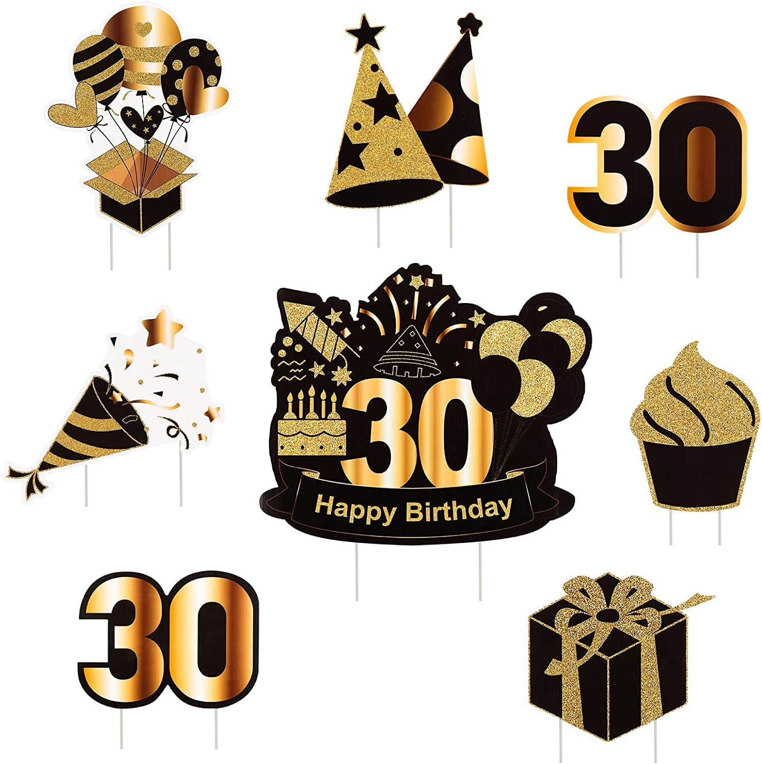 30th Happy Birthday Yard Signs,Set of 8 Birthday Party Yard Signs for Outdoor Lawn Birthday Party Decorations with 16 Stakes , Black Gold Yard Signs