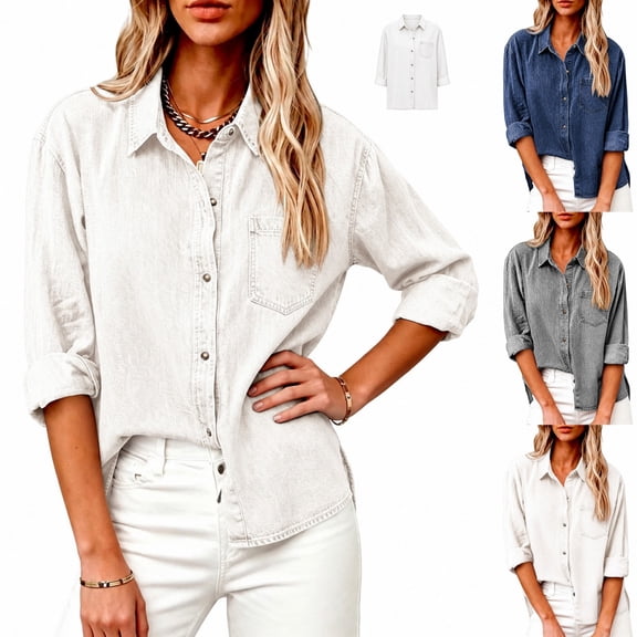 Yifymode Womens Denim Shirt Long Sleeve Button Down Jean Shirts Casual Loose Tops with Pocket for Everyday Wear