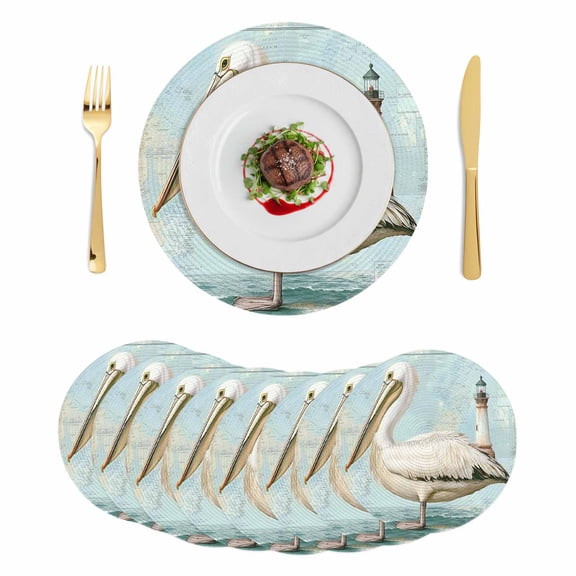Vintage Nautical Coastal Round 15 Inch Placemats Set of 8, Summer Bird Ocean Wave HeatResistant Non Slip Place Mats for Dining Table, Wipeable Braided Kitchen Table Mats for Housewarming