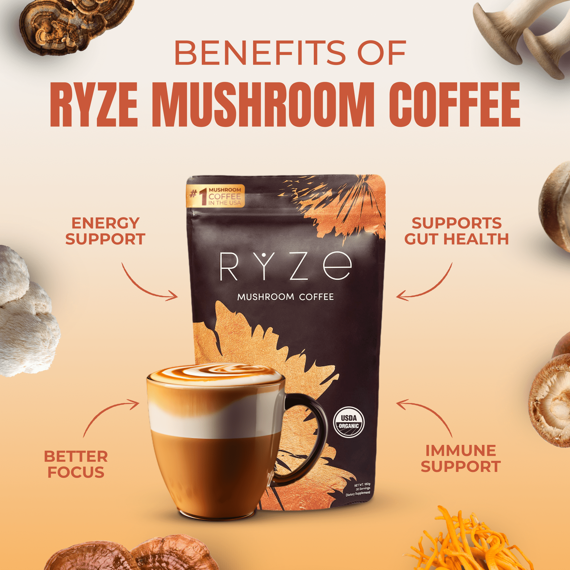 RYZE Mushroom Coffee USDA Organic with 6 Adaptogenic Mushrooms and MCT Oil, Instant Coffee for Better Energy, Focus, Digestion, Immunity, 30 Serving