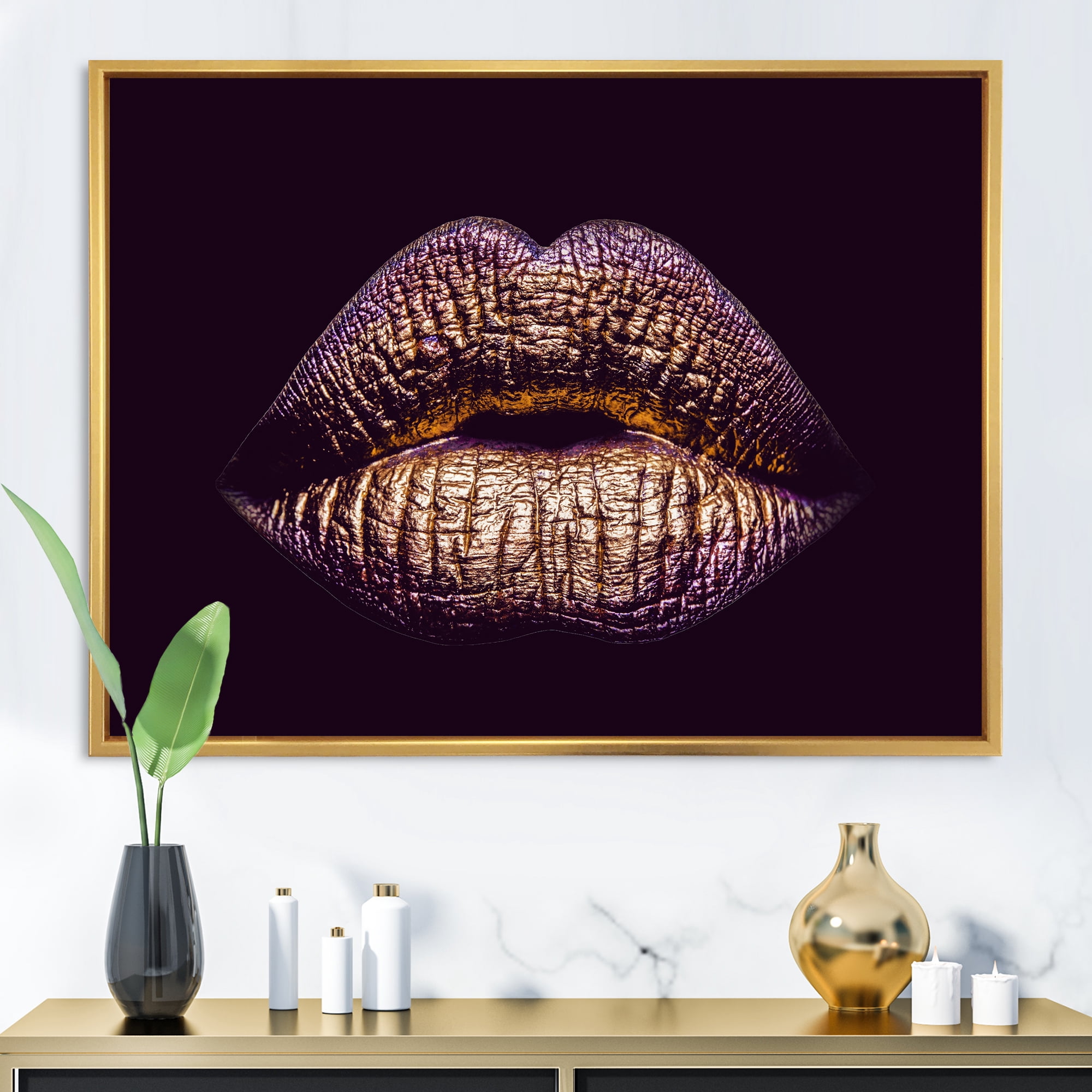 Designart 'Sexy Golden Metallized Woman Lips III' Modern Framed Canvas Wall Art Print