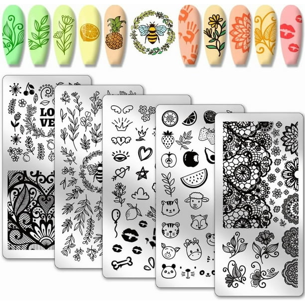 Juego de 5 placas para estampar uñas con diseños de plantas, flores, hojas, frutas y corazones. Plantillas mixtas de acero inoxidable para decoración de uñas.