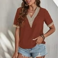 thumbnail image 3 of tklpehg Dressy Tops for Women V-Neck Crochet Lace Trim Patchwork Shirts Short Sleeve Tee Shirt Vintage Solid Color Summer Going Out Tops Lightweight Loose Blouses Casual Tshirt (Brown,XL), 3 of 8