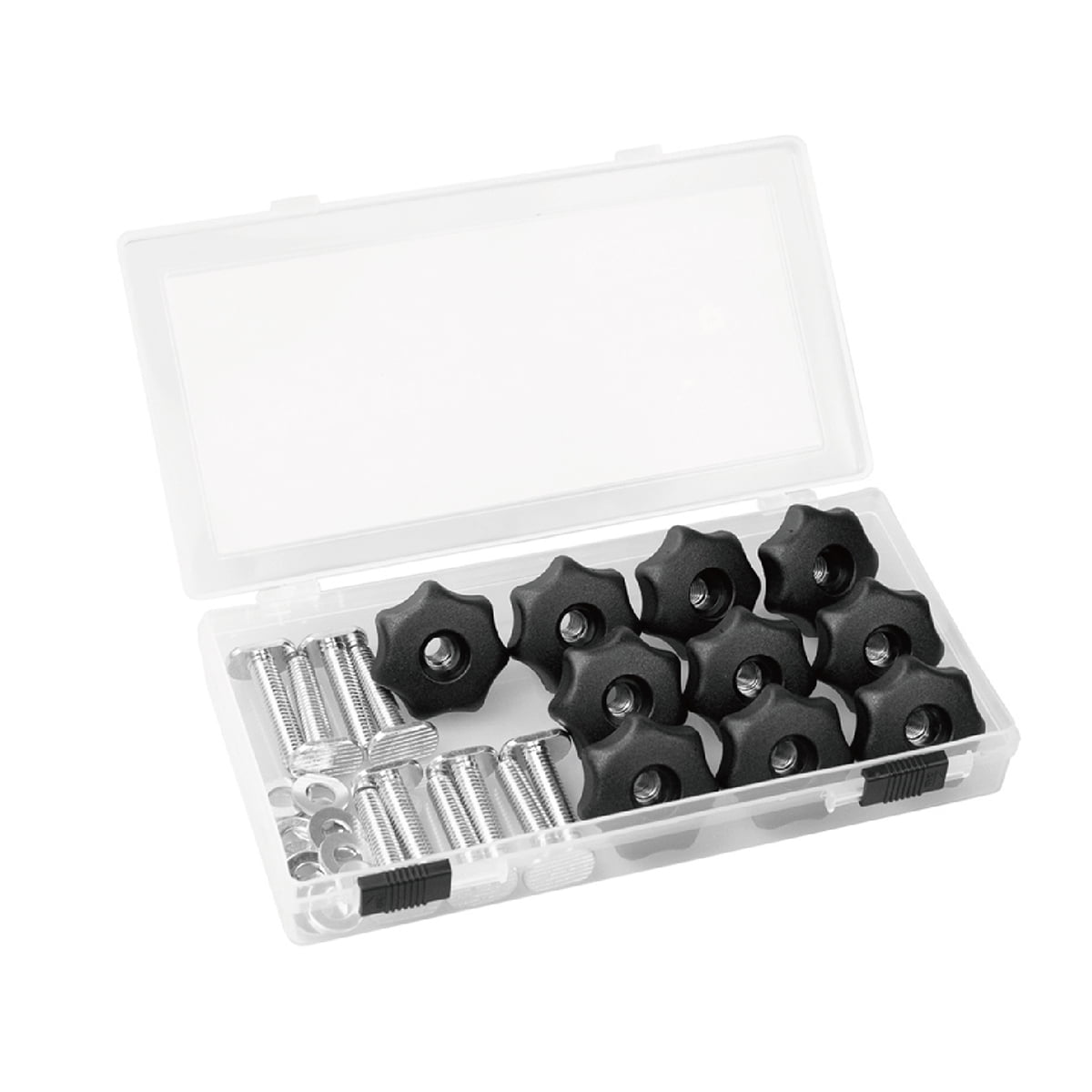 POWERTEC 71890 24" Double-Cut Profile T-Track and 10PK T-Track Knob Kit w/ 7-Star 1/4 Threaded Knob, Bolts and Washers, For Woodworking Jigs