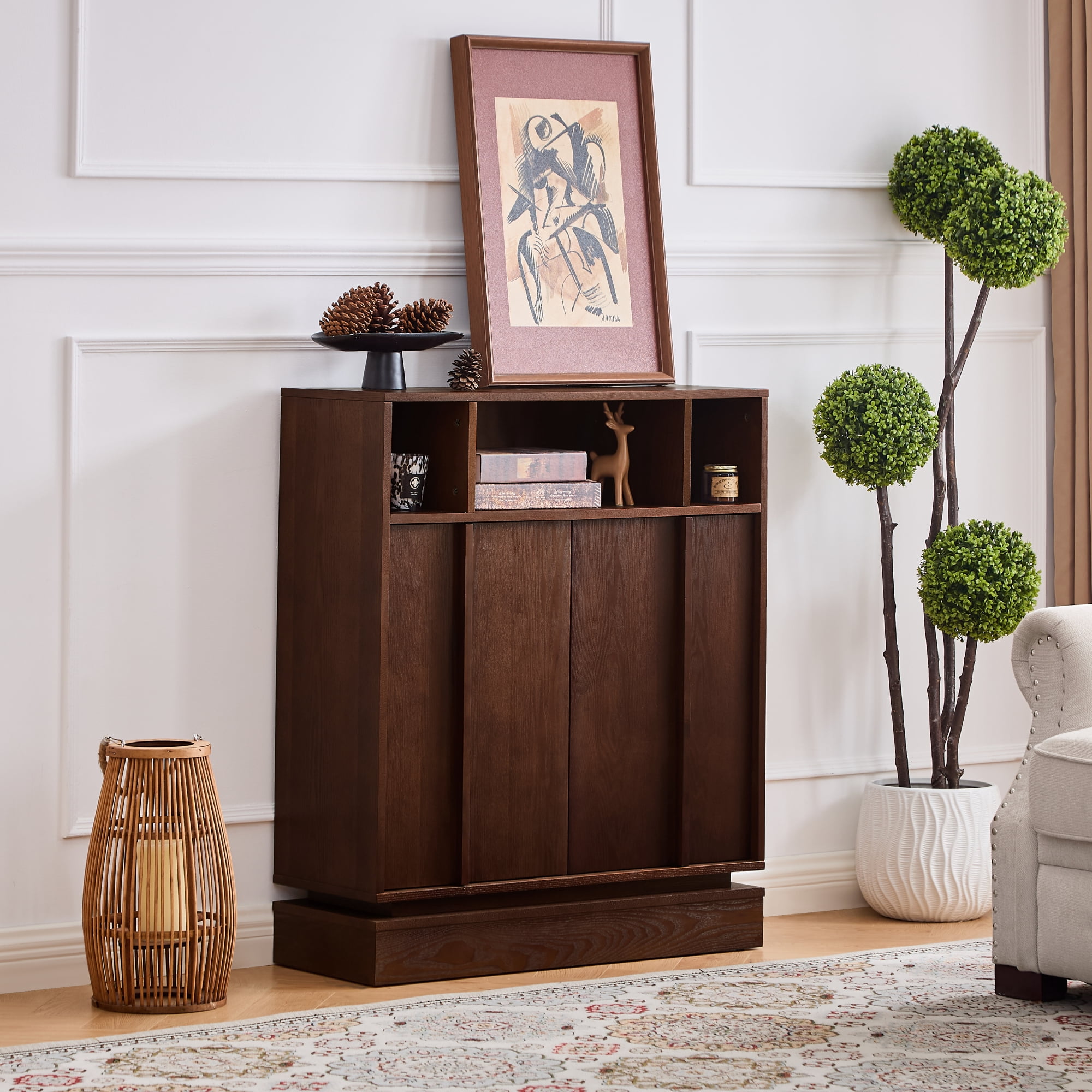Leumius Sideboard Buffet Cabinet with Storage, Farmhouse Fluted Sideboard with 2 Doors & Adjustable Shelf, TV Media Console, Storage Cabinet for Entryway Hallway Kitchen Dining Living Room,Walnut